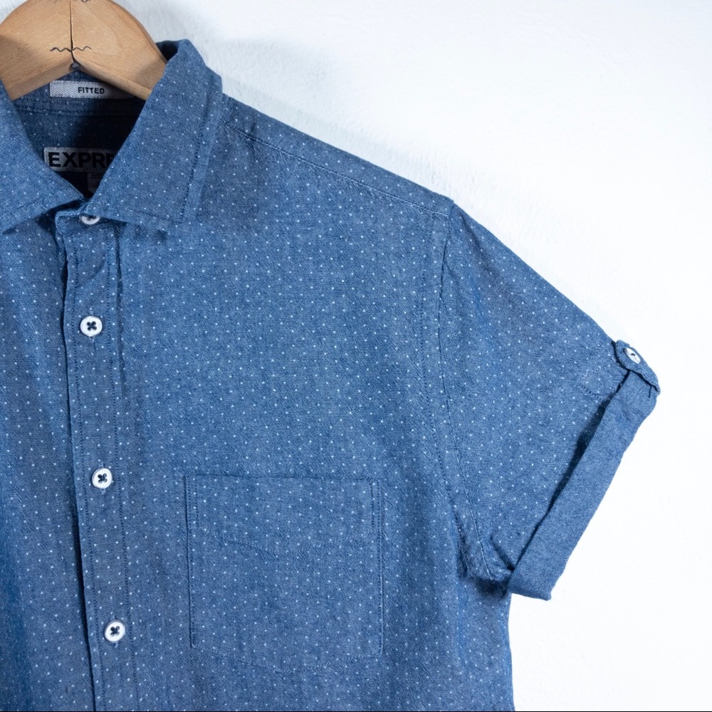 EXPRESS | denim polka dot sleeve button shirt - Picture 4 of 6